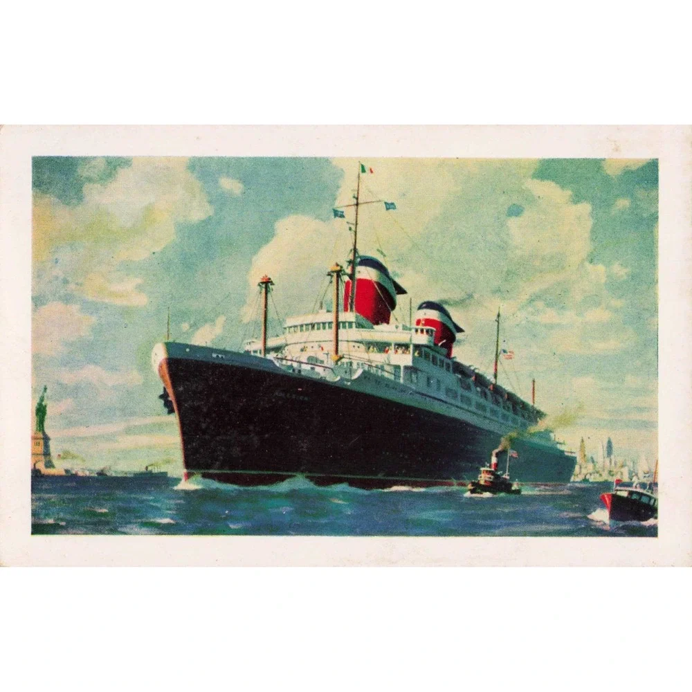 Vtg SS America Ocean Liner Postcard Richkrome Steelograph Co NY Harbor Statue